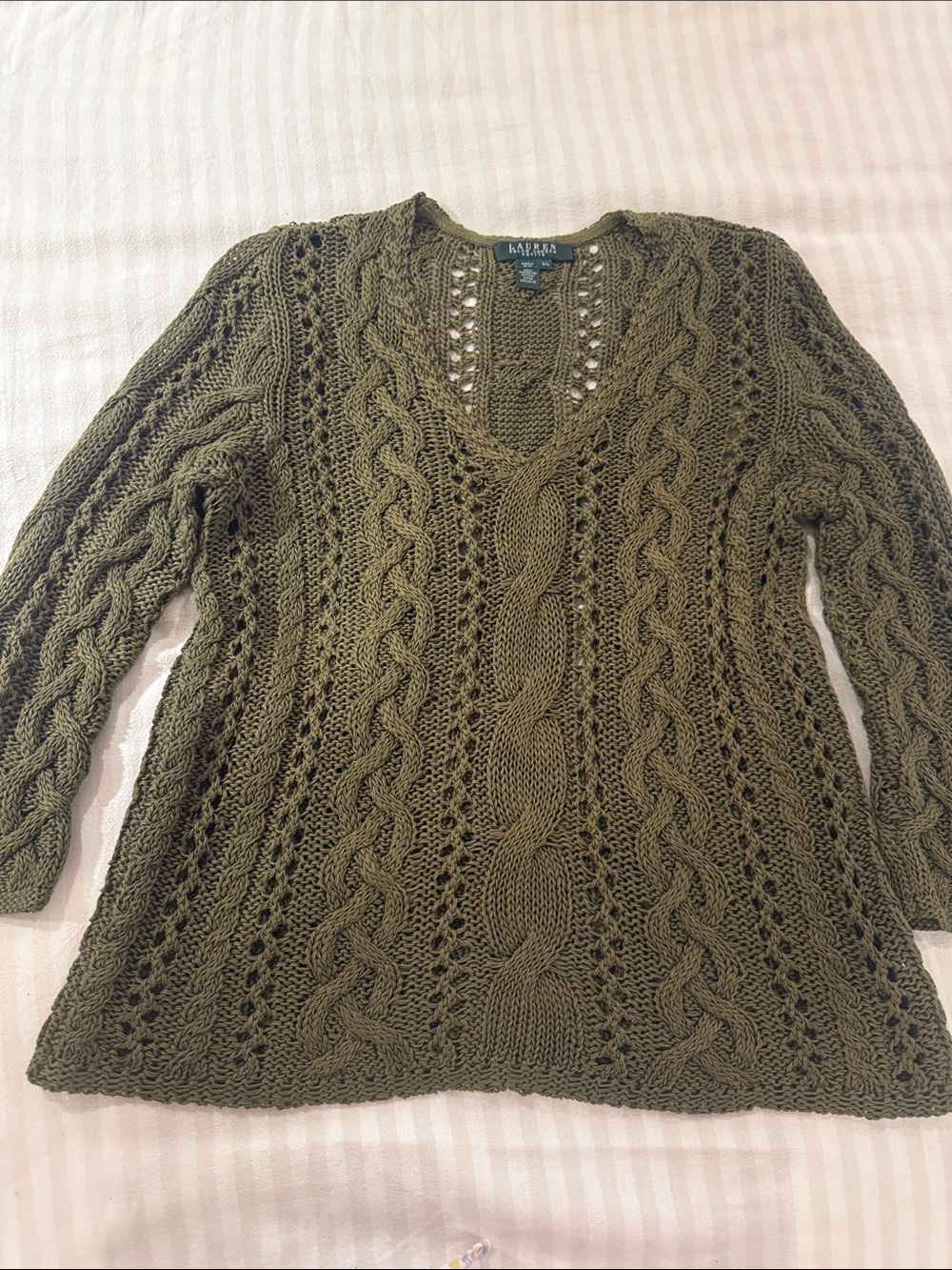 Lauren Ralph Lauren Olive Cable-Knit V-Neck Sweater